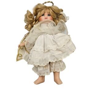 Vintage 1990s Porcelain Doll Angel Holiday Christmas Gold White